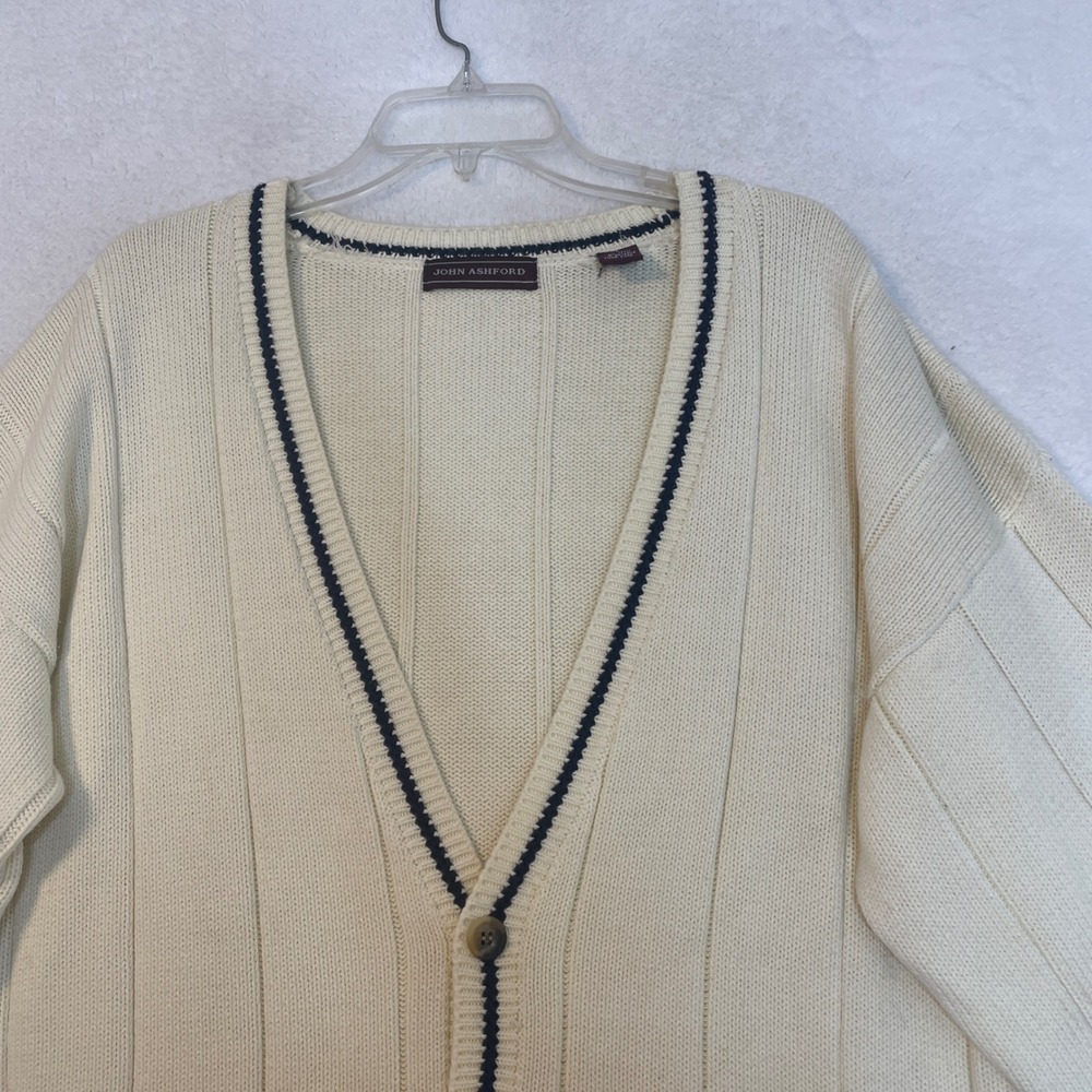 John Ashford Mens Cream Cotton Knit Cardigan Sweater Navy Trim Large 483 - Picture 4 of 9